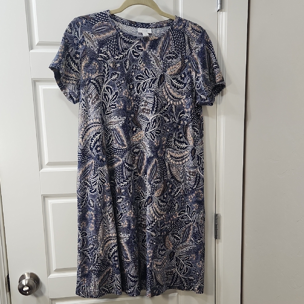NWOT - J. Jill S/S Cotton Knit Dress with Navy Blue & Cream Paisley Print - S/P